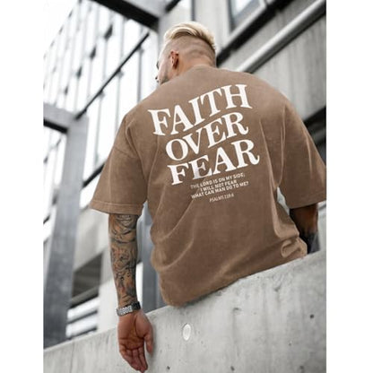 Christian Faith Over Fear Shirt for Men Jesus Religious Shirts Oversized Graphic Tees Acid Wash God T-Shirt - color: Coffee, size: Large