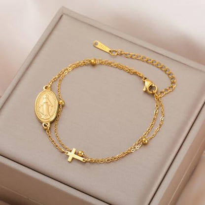 VASSAGO Virgin Mary Bracelet for Women Men Double-Sided Virgen de Guadalupe Rosary Bracelet Medal Handmade Braided Rope Catholic Christian Religious Jewelry Gift - color: Gold 8