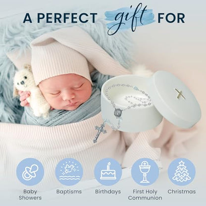 Baptism Gifts for Boys and Girls – White Rosary with Ceramic Keepsake Box and Card - color: White