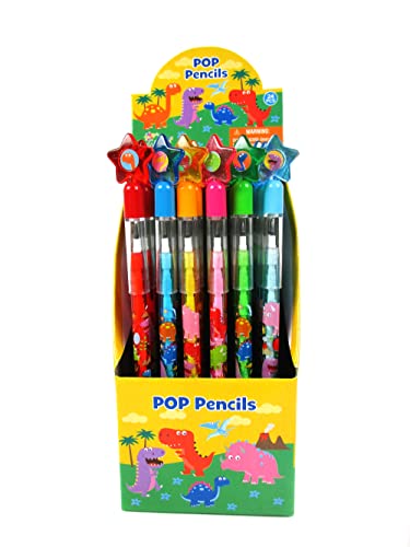 TINYMILLS 24 Pcs Dinosaur Stackable Push Pencil Assortment with Eraser for Party Favors Goodie Bag Stuffers VBS Classroom Rewards Pinata Fillers Carnival Prize