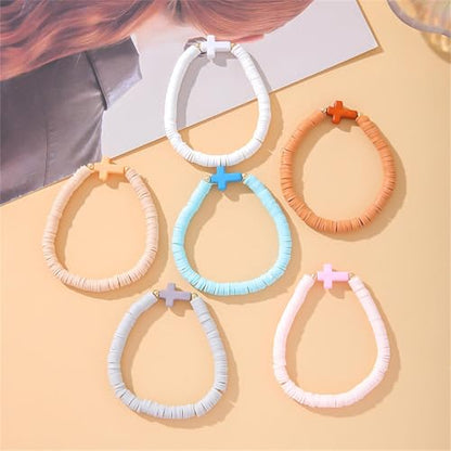 Fuqimanman2020 6 Pcs Cross Clay Beaded Bracelets Colorful Christian Cross Bracelets for Women - color: B