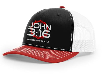 Christian John 3:16 for Got So Loved The World Mens Embroidered Mesh Back Trucker Hat - color: Black/Red/White
