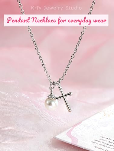 S925 Sterling Silver Cross Necklace for Girls, Baptism First Communion Confirmation Gifts, Pearl Heart Pendant Necklaces, Back to School Graduation Easter Birthday Faith Gift Age: Over 8 Years Old - style: Pearl Cross
