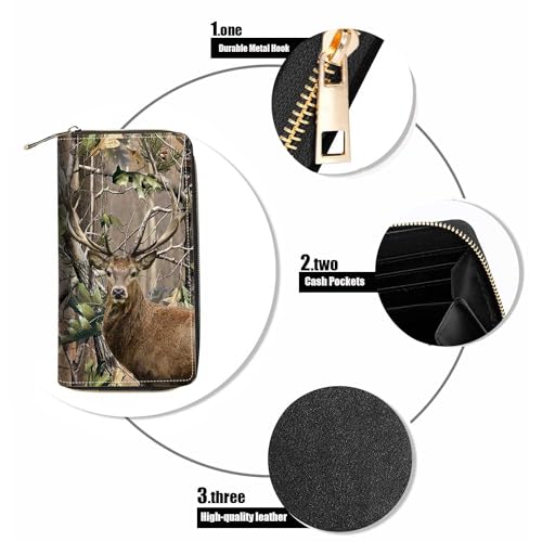 Jungle Camo Deer Print Wallet for Women Large Capacity Wallet Credit Card Holder PU Leather Zipper Clutch Purse Phone Wallet - color: Jungle Camo Deer
