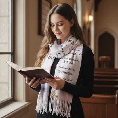 The Virgin Mary Bible Verse Shawls for Women, Catholic Christian Blanket Scarf Gifts or Mom Teacher Christmas - color: Pink White