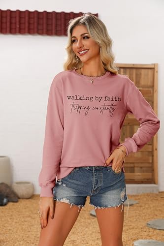 Christian Sweatshirts for Women Faith Tops Long Sleeve Shirts - color: Rose Gold, size: Large