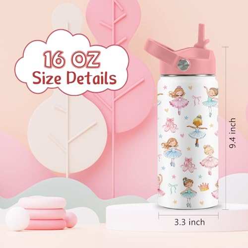 16 oz Ballet Water Bottle with Straw, Insulated Stainless Steel Tumbler - color: Ballet