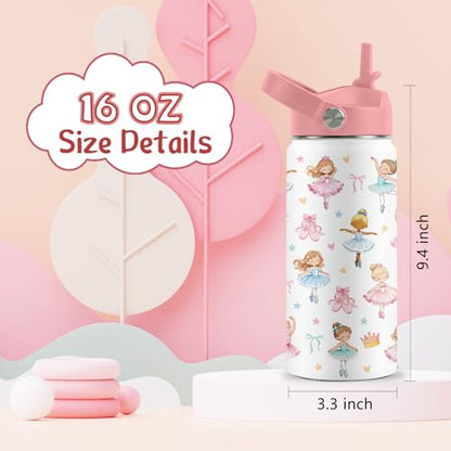 16 oz Ballet Water Bottle with Straw, Insulated Stainless Steel Tumbler - color: Ballet