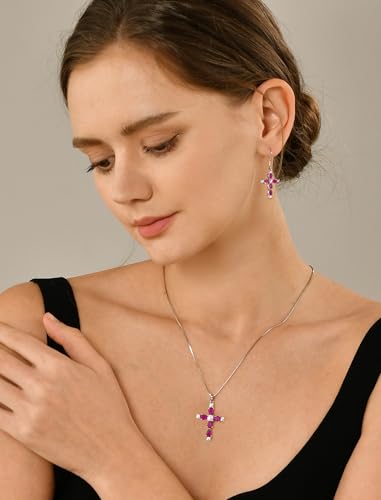 YL 925 Sterling Silver Cross Dangle Earrings Halo Birthstone Hook Earrings Religious Jewelry for Women - color: 7-ruby-Jul