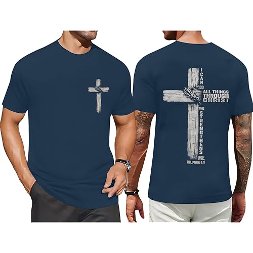 Christian Shirts for Mens Cross Jesus Graphic Tees - color: Blue, size: Medium