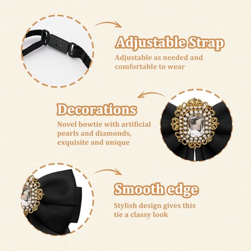 Womens Bow Tie Adjustable Rhinestone Bowtie for Women Ladies Girls Pre-tied Womens Tie for Shirt Suit Uniform - color: Black-strap-style 2