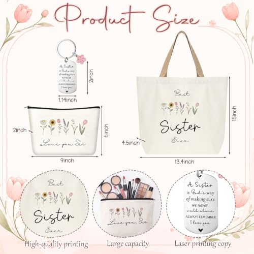 Kinlop 5 Pcs Best Sister Gift Set for Women Canvas Tote Bag Notebook Pen - color: Pink, style: Best Sister