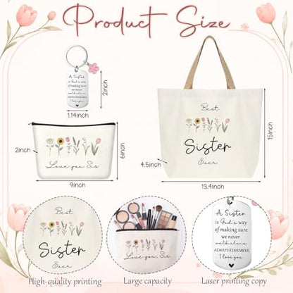 Kinlop 5 Pcs Best Sister Gift Set for Women Canvas Tote Bag Notebook Pen - color: Pink, style: Best Sister
