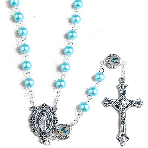HanlinCC Catholic Miraculous Rosary Glass Pearl Beads Pray Card & Gift Bag - color: Blue