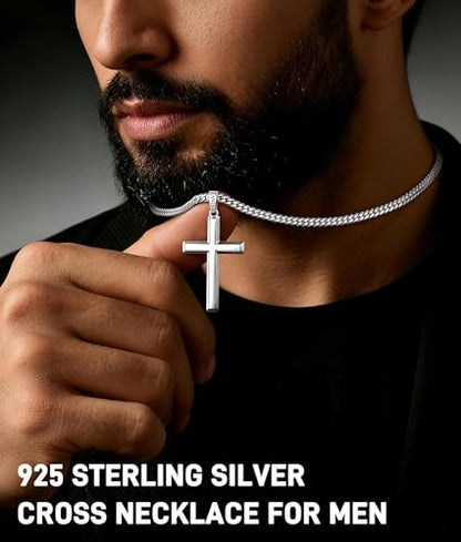 Jewlpire 925 Sterling Silver Cross Necklace for Men, 18k Gold Plated Sterling Silver Cross Necklace with 4mm Stainless Steel Cuban Link Chain for Men, Mens Necklace 16 18 20 22 24 26 Inch - color: Silver Cross Pendant