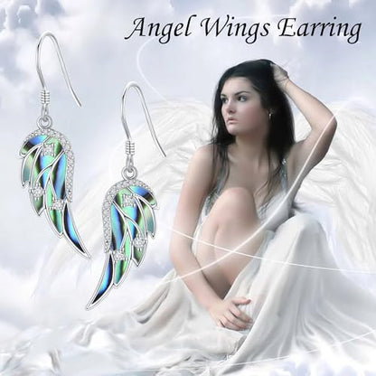 URONE Angel Wings Earring for Women Sterling Silver Fashion Dangle Drop Earring Angel Jewelry for Women - color: silver+abalone shell