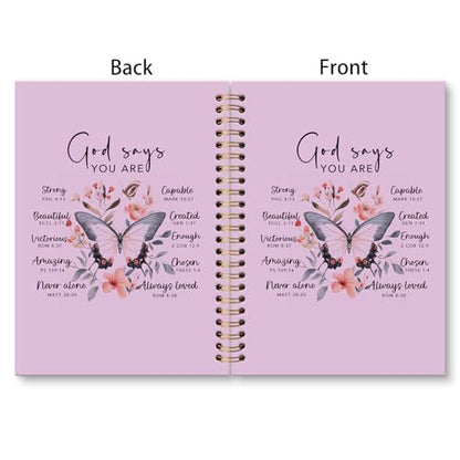 huester Christian Journal, Inspirational Christian Butterfly Church Notes Notebook Journal for Women, God Says You Are Bible Scripture Purple Journal Notebooks for Note Taking, Bible Journaling Hardcover Paper Spiral Notebook, 5.5x8.3 Inch - color: purple