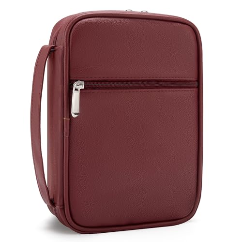 Small Bible Cover Case for Women and Men, 9x6 PU Leather Bible Sleeve, Compact Travel Bible Carrier Bag with Front Pen Holders, Zipper Closure, Inner Pockets - Burgundy Red - color: Burgundy Red, size: 9''x6.5''
