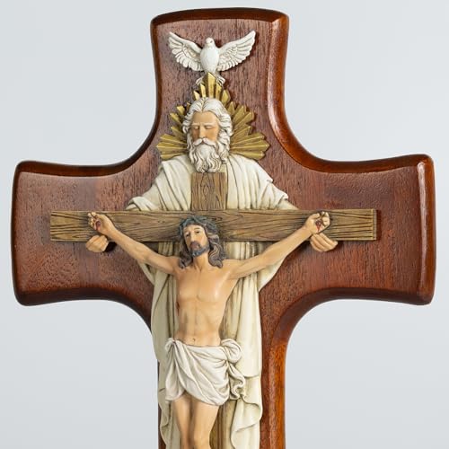Grace4Joy Holy Trinity Wall Cross, 12 Inches Holy Trinity Crucifix Catholic Home Decor, Hand-Painted Resin Jesus on Wooden Crucifix Religious Housewarming Gifts - color: Cherry