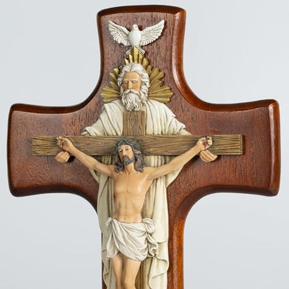 Grace4Joy Holy Trinity Wall Cross, 12 Inches Holy Trinity Crucifix Catholic Home Decor, Hand-Painted Resin Jesus on Wooden Crucifix Religious Housewarming Gifts - color: Cherry