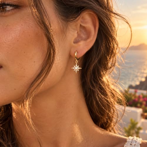 Dangle Earrings for Women, Dainty Huggie Hoop Dangle Earrings - color: Starburst 01 Dangle Gold