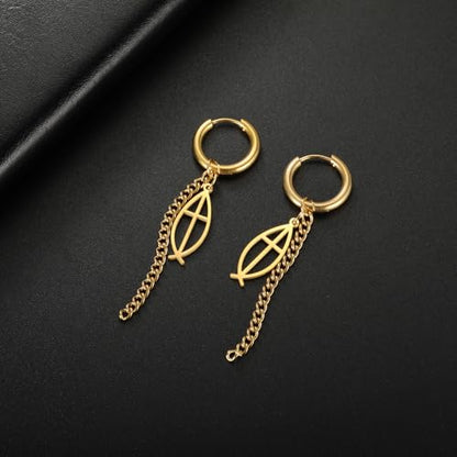 Ichthus Fish Dangle Earrings Ichthus Cross Earrings Christian Jesus Fish Earrings Religious Jewelry Christian Symbols Accessories Gift for Women - color: Ichthus Cross goid