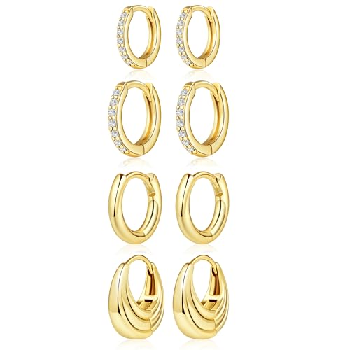 Small Gold Huggie Hoop Earrings Set for Women Men Hypoallergenic 14K Plated Stack Cartilage Earrings, Sterling Silver Multiple Piercing Lightweight Mini Thin Cute Dainty Trendy Jewelry Gifts for Women - color: Gold-8,8,10mm