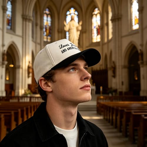 Embroidered Christian Two-Tone Baseball Cap for Men & Women, Adjustable Dad Hat Christmas Easter Gift - color: Loves Jesus and America Too, Black/Beige