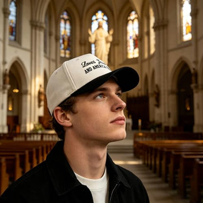 Embroidered Christian Two-Tone Baseball Cap for Men & Women, Adjustable Dad Hat Christmas Easter Gift - color: Loves Jesus and America Too, Black/Beige