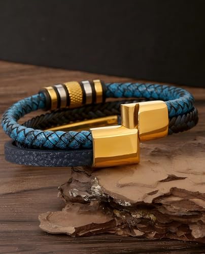 Kim Carrey Italian Handmade Leather Bracelets for Men - color: Braided Gold Blue, size: 8.2"