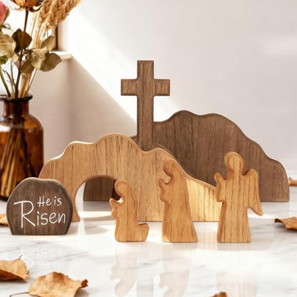 Glintoper Empty Tomb Easter Scene and Cross Decoration, 7pcs Wooden Easter Resurrection Scene Cross Jesus Tomb Tray Set, Tabletop Christian Gifts Jesus Nativity Scene Decor for Religious Home Office - size: 7 PCS