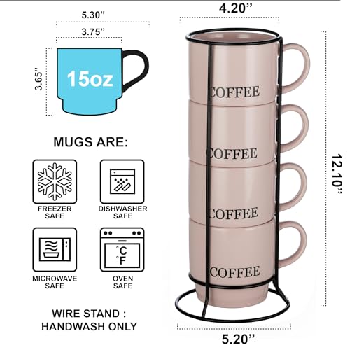 Signature Housewares Stackable Coffee Mug Tower Set with Metal Wire Rack - 15 Ounce Coffee Mugs for Coffee, Tea, Cocoa, Milk, Cappuccino, Hot Chocolate Set of 4 - Pink Coffee - color: Pink Coffee, size: 15oz