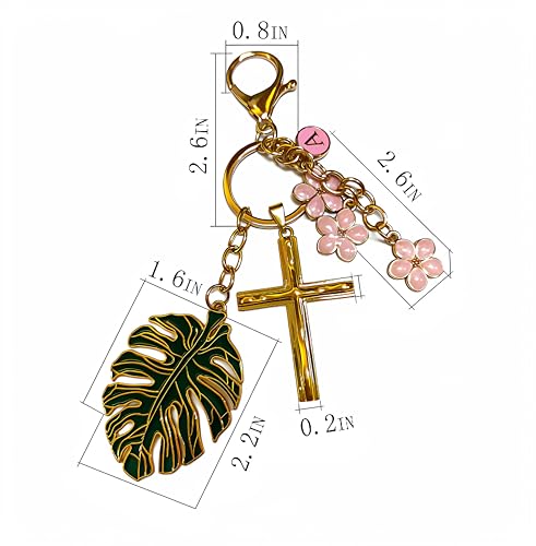 Cross Keychain for Women Jesus Christian Purse Bag Charms Key Charm Gifts for Women Purse Charms for Handbags - color: Gold Tone With Pink Flower