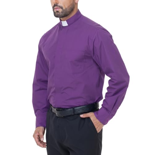 Men's Long Sleeve Clergy Shirt Tab Collar - color: Purple, size: X-Large