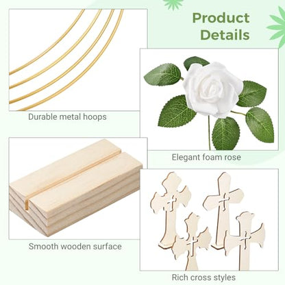 48 Pcs Baptism Centerpieces for Tables - Baptism Table Decorations - 12 Wood Crosses, 12 Metal Floral Hoops with Stands, and 24 Foam Roses - Garland Strands Kit for Baptism Party, Wedding Decor
