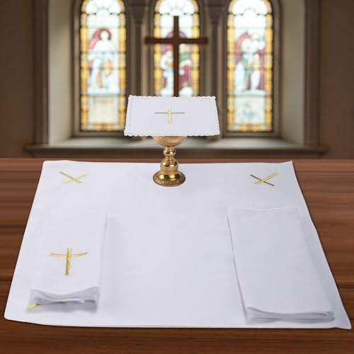 4 Pcs Altar Supplies Linen Corporal for Churches Sets (Pall,Corporal,Purificator,Towel) White Linen Altar Cloth Gold Cross Embroidery,Mass Kits Catholic for Priest