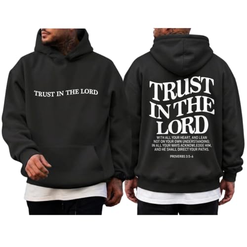 Wrenpies Trust In The Lord Christian Hoodie for Men Jesus God Faith Religious Bible Verse Hoodies Graphic Fleece Sweatshirt - color: Black, size: Large