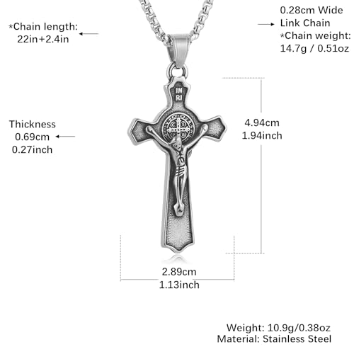 HZMAN Stainless Steel St. Benedict Crucifix Cross Necklace for Men - color: Small Matte silver