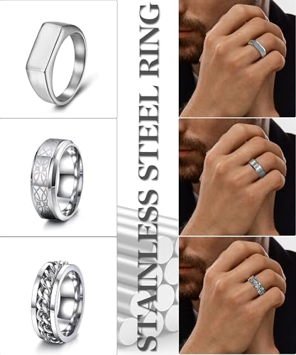EIELO 12Pcs Mens Stainless Steel Rings Cool Silvery Black Band Ring for Men Women Spinner Chain Fidget Ring Simple Wedding Engagement Ring Set Size7-12