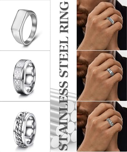 EIELO 12Pcs Mens Stainless Steel Rings Cool Silvery Black Band Ring for Men Women Spinner Chain Fidget Ring Simple Wedding Engagement Ring Set Size7-12