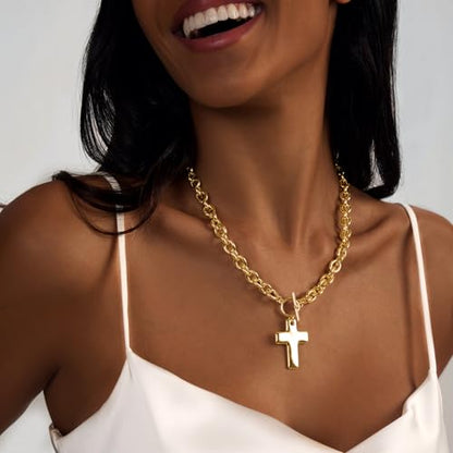 LULII Cross Necklace for Women Dainty 14K Gold Silver Plated Small Cross Pendant Choker Simple Cute Cross Gold Necklace for Women Trendy Faith Jewelry Gift - color: Chunky Cross Necklace-Gold