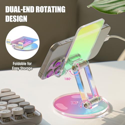 Tomorotec Adjustable Acrylic Phone Stand for Desk, Foldable Phone Holder - color: Iridescent, size: Upgraded Style