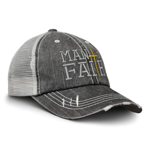 Soft Mesh Cap Hat Embroidered Man of Faith God Jesus Christian Distressed Vintage Cap Cotton - color: Black Gray Design Only