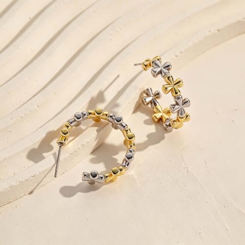 Two Tone Gold Silver Hoop Earrings Mixed Metal Open C Hoop Earrings - color: Cross