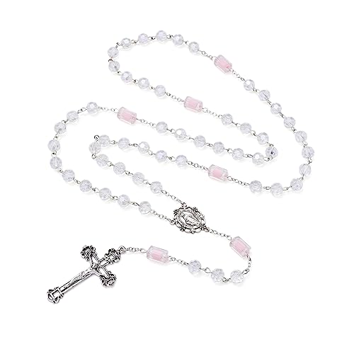 KOMI Rosary Beads Catholic for Women Gemstone Rosary Beads Necklace with Crucifix Cross Crystal Pearl Rosary Rosarios Catolicos Catholic Gifts - style: White rosary with box