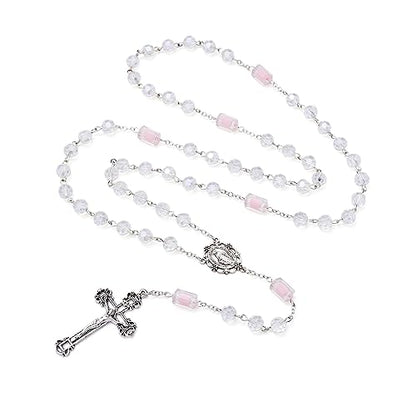 KOMI Rosary Beads Catholic for Women Gemstone Rosary Beads Necklace with Crucifix Cross Crystal Pearl Rosary Rosarios Catolicos Catholic Gifts - style: White rosary with box