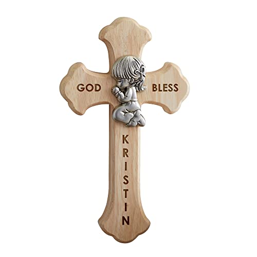 Personalization Universe Prayerful Girl Engraved Wood Cross, Baptism & First Communion Keepsake Wall Decor, Christian Wall Art, Home Decor Wall Cross - 8" x 4.5" Oak Wood & Zinc Alloy