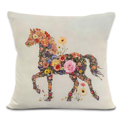 Vintage Horse Floral Throw Pillow Cover, Horse Gifts for Women, Neutral Botanical Equestrian Decorative Pillowcases Cushion Cases for Home Bedroom Living Room Decor, 18x18 Pillow Covers - color: Animal_11