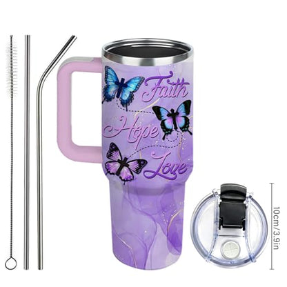Butterfly 40oz Tumbler with Handle and Straw Lid Stainless Steel Insulated Coffee Travel Mug Cup Keeps Drinks Cold & Hot, Mothers Day Christian Birthday Gifts for Butterfly Women - color: Christian/Butterfly