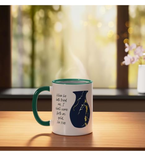 Bible Verse Jesus Christ Kintsugi Vase Gold Job Christian Ceramic Mug, Dark Green/White, 11oz - color: Dark Green/White, size: 11 Ounces